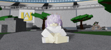 a girl with purple hair is sitting in front of a sign that says ia