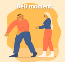 an illustration of a man and woman standing next to each other with the words ded moment above them