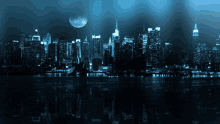 a city skyline at night with a full moon