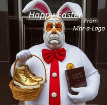 a man dressed as an easter bunny is holding a bible and a basket of eggs