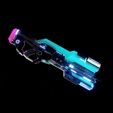 a futuristic looking weapon with a purple and blue glow