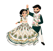 a cartoon of a bride and groom dancing with the bride wearing a floral dress