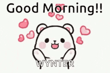 a cartoon of a teddy bear surrounded by hearts and the words `` good morning ! ``