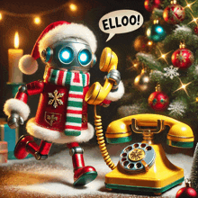 a robot with a santa hat and scarf is talking on a yellow telephone with a speech bubble that says " elloo "