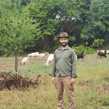 a man in a hat stands in a field with a herd of goats in the background