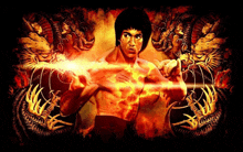 a painting of bruce lee surrounded by fire and dragons