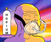 a cartoon drawing of a man wearing an oxygen mask with the word hopium written above him