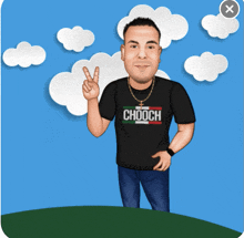 a man wearing a chooch shirt is giving a peace sign