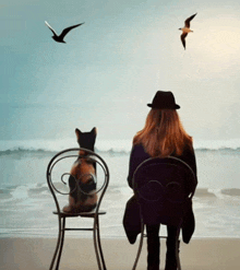 a woman sits in a chair with a cat on her lap and birds flying in the background