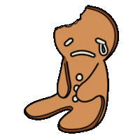 a crying gingerbread man with a bite taken out of him