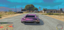 a purple car is driving down a road in a video game with the number 000 on the dashboard