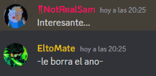 a screenshot of a discord conversation between not realsam and eltomate