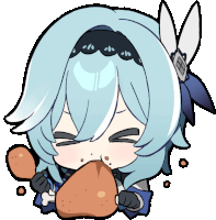 a cartoon girl with blue hair is eating a large piece of meat