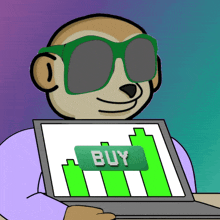 a monkey wearing sunglasses is holding a laptop with a buy button on the screen