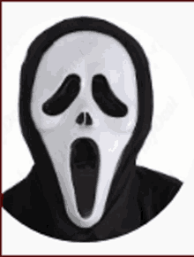 a white and black scream mask with a black hood