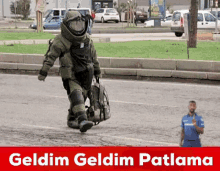 a man in a bomb suit is crossing the street