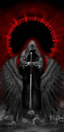 a black and white painting of a grim reaper with wings holding a sword