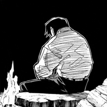 a black and white drawing of a man sitting on a tree stump .