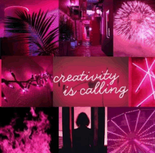 a collage of pink images with the words creativity is calling on the top