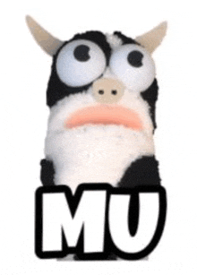 a stuffed cow with big eyes is standing in front of the word mu .