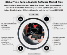 a global time series analysis software market size report with a picture of a person holding a cell phone