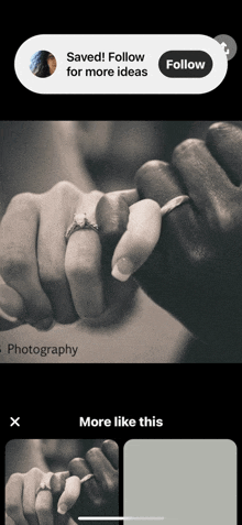 a couple holding hands with rings on their fingers and a follow button