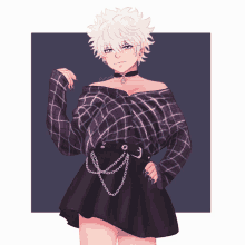 a drawing of a girl wearing a plaid shirt and a black skirt with chains around her waist