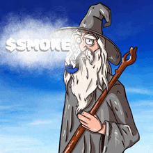 a cartoon of a wizard smoking a pipe while holding a cane .