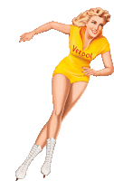 a woman in a yellow veedol shirt is skating