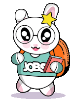 a cartoon rabbit wearing glasses and a sweater with the word jobs on it