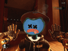 a screenshot of a video game shows a character wearing a mask with a dead face and the words collect all toy parts below it