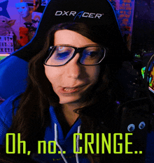 a woman wearing glasses and a hat that says dxracer on it