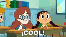 a cartoon of a girl with glasses sitting at a desk with the words cool behind her