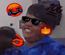 a pixelated image of a man wearing sunglasses and a smiley face with the number 100 on it