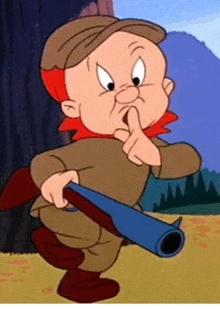 a cartoon character holding a gun with his finger on his lips