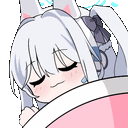 a cartoon girl with white hair is sleeping in a pink bucket .