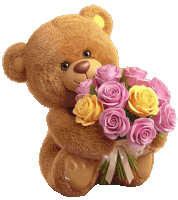 a teddy bear holds a bouquet of pink and yellow roses