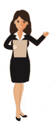 a woman in a black suit is holding a clipboard and pointing