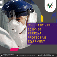 an advertisement for regulation eu 2016/425 personal protective equipment with a person wearing a mask