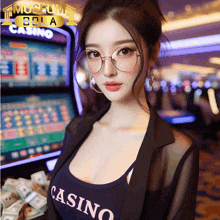 a woman wearing glasses is standing in front of a slot machine that says museum bola casino