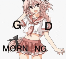 a drawing of a girl in a school uniform with the words `` good morning '' written above her .