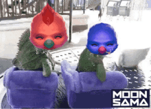 two masked animals are sitting on purple chairs with the words moon sama written on the bottom