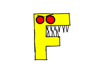 a cartoon drawing of a yellow letter f with red eyes and sharp teeth