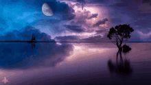 a tree in the middle of a lake with a full moon behind it