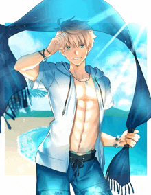 a shirtless anime character is holding a blue scarf around his neck