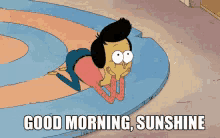 a cartoon character is laying on the floor with the words " good morning sunshine " above him