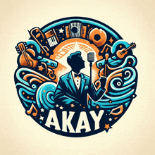 a man in a tuxedo is singing into a microphone with the name akay on the bottom