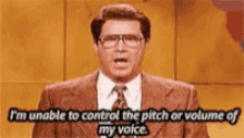 a man wearing glasses and a suit says i 'm unable to control the pitch or volume of my voice