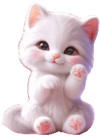 a white cat with pink paws is sitting on its hind legs