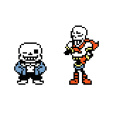 a pixel art of sans and papyrus from undertale standing next to each other on a white background .